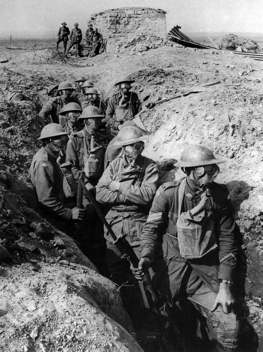 Australian infantry wearing WWI gas masks, Ypres 
